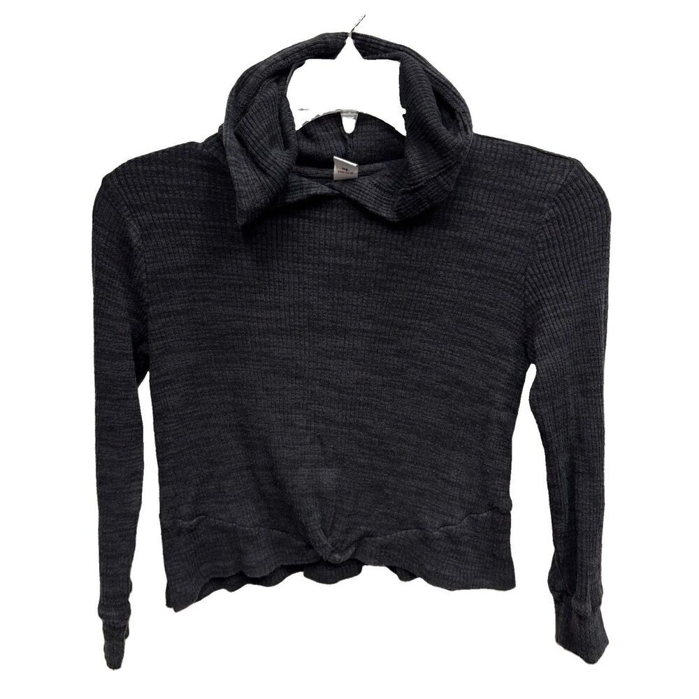 Old Navy Girls Black Waffle Knit Pullover Hoodie Top Twist Front M 8 Long Sleeve